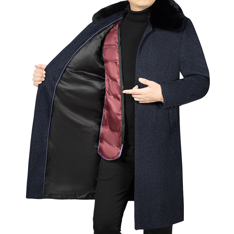 Men's Long Wool Blend Coat with Removable Faux Fur Collar and Quilted Thermal Padding Mune Fashion