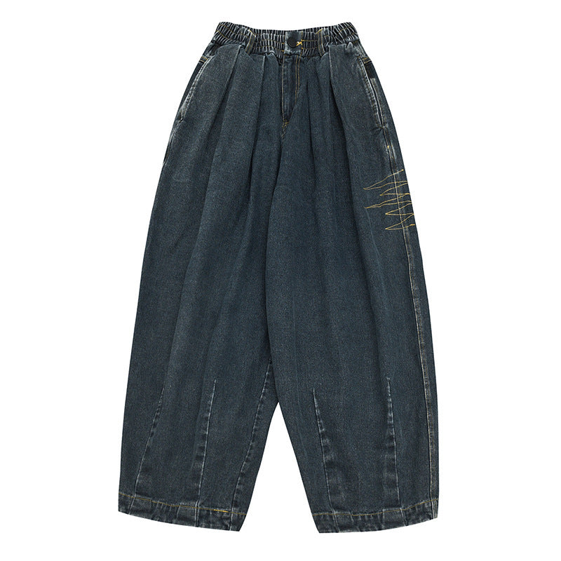 Ladies Wide Denim Pants with Pleats, Elastic Waistband and Casual Silhouette Mune Fashion