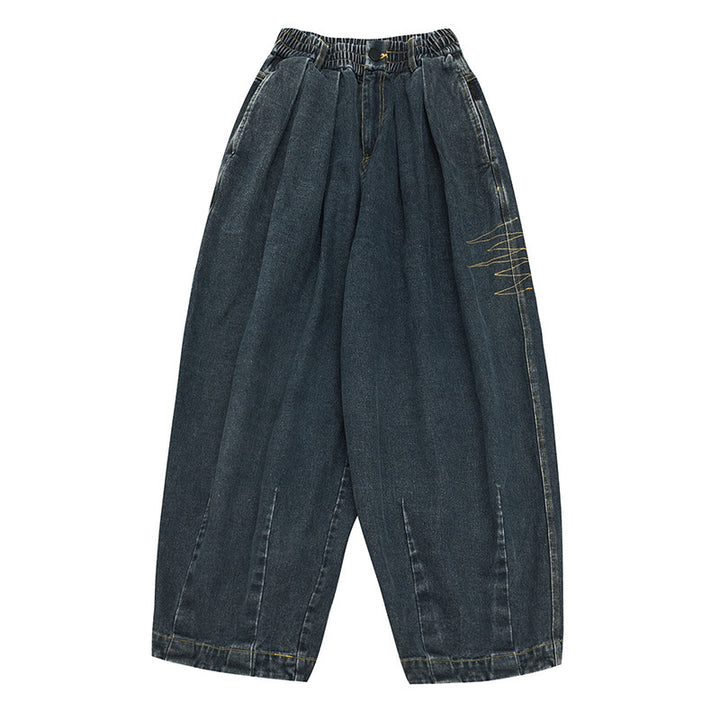 Ladies Wide Denim Pants with Pleats, Elastic Waistband and Casual Silhouette Mune Fashion