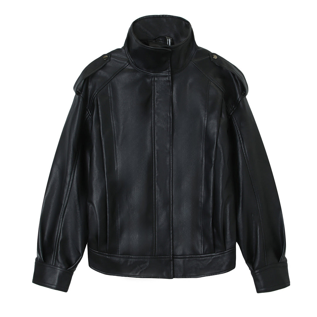 Women Oversized Leather Jacket with High Stand-Up Collar and Shoulder Patches Mune Fashion