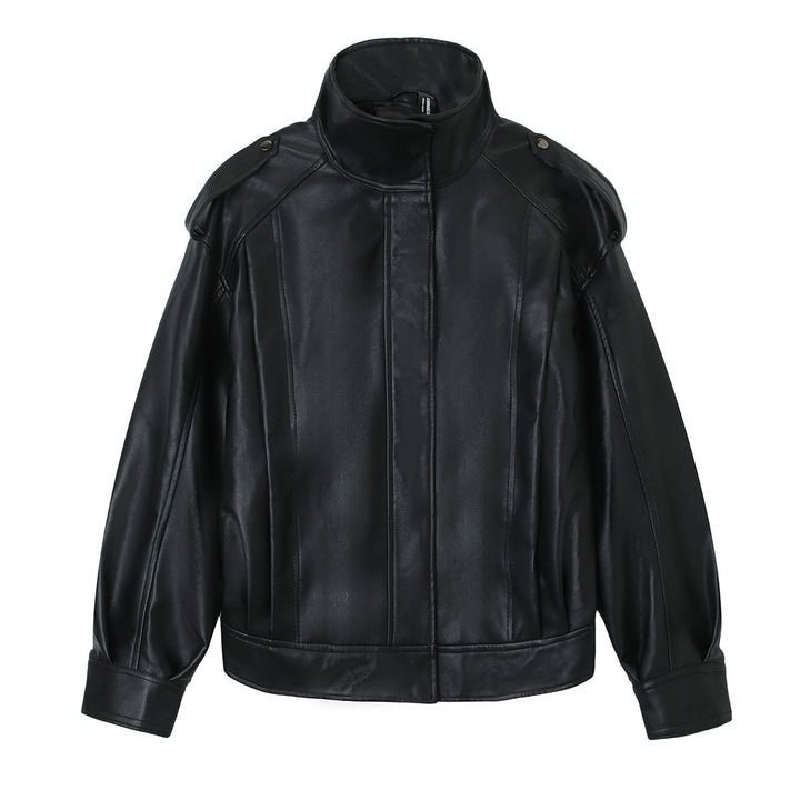 Women Oversized Leather Jacket with High Stand-Up Collar and Shoulder Patches Mune Fashion