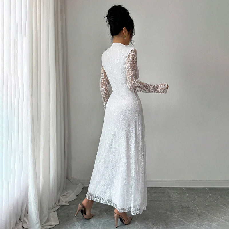 Ladies Elegant Wedding Dress with Lace Sleeves Mune Fashion