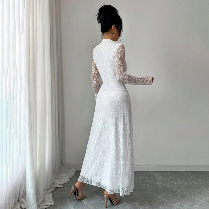 Ladies Elegant Wedding Dress with Lace Sleeves Mune Fashion