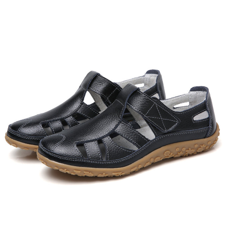 Ladies closed leather summer shoe with cutouts hook and loop fastener and cushioning nub sole Mune Fashion