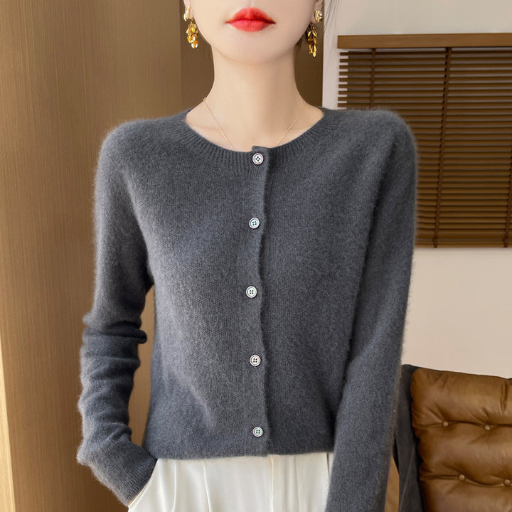 Ladies Cozy Short Cardigan made of Mohair Mix with fine virgin wool texture and mother-of-pearl button placket Mune Fashion