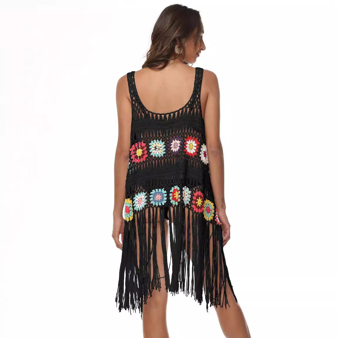 Women's Crochet Beach Cover-up with Colorful Fringes Mune Fashion