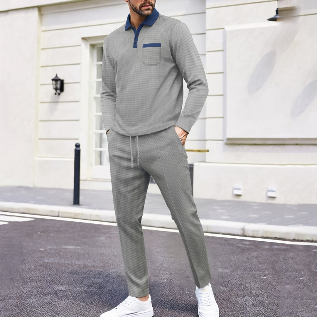 Men's travel-friendly lounge set with long-sleeve polo shirt, chest pocket, and tapered jogger pants Mune Fashion