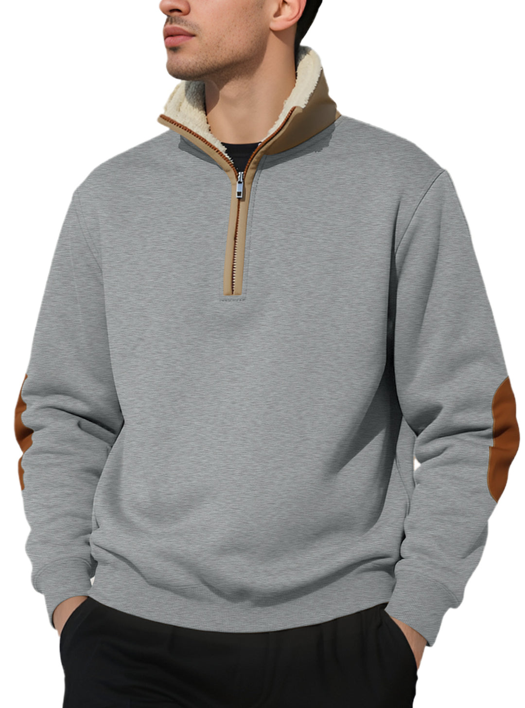Men's nano lightweight half-zip sweatshirt with sherpa lined stand-up collar and faux leather elbow patch Mune Fashion
