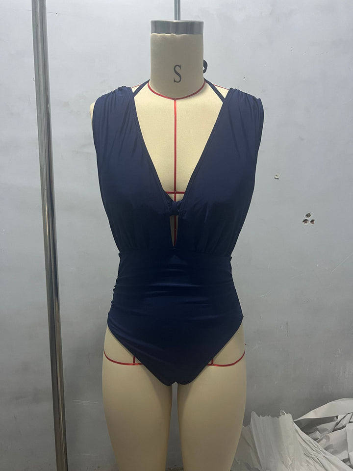 Women's one-piece swimsuit with deep V-neck and side gathering Mune Fashion