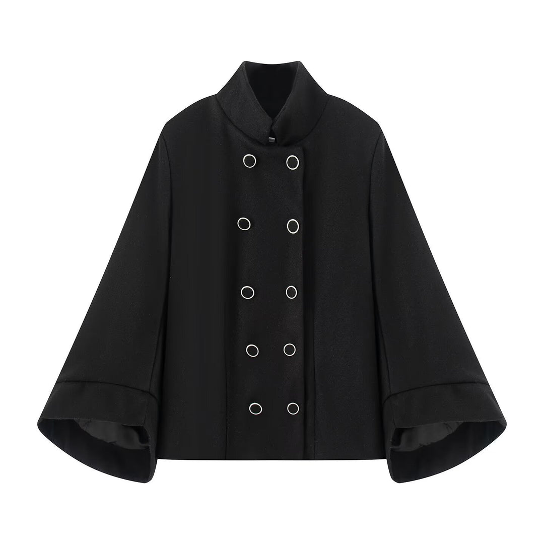 Women's short jacket in double-breasted with stand-up collar, tailored silhouette and bell sleeves Mune Fashion