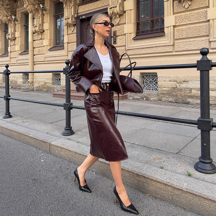 Women's Patent Leather Biker Jacket with Oversized Lapels, Boxy Cut & Visible Zipper Mune Fashion