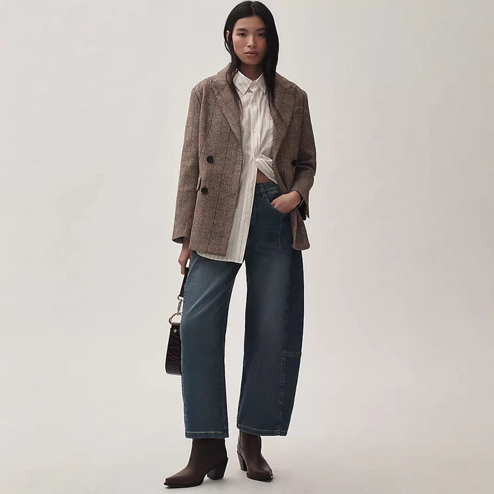 Women's high-cut wide culotte jeans with cropped length and decorative seam details Mune Fashion
