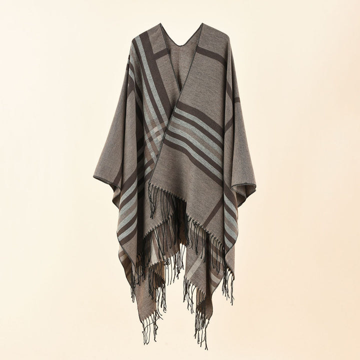 Women Kastiger Ruana Wrap with Fringes and Diagonal Stripe Jacquard Mune Fashion