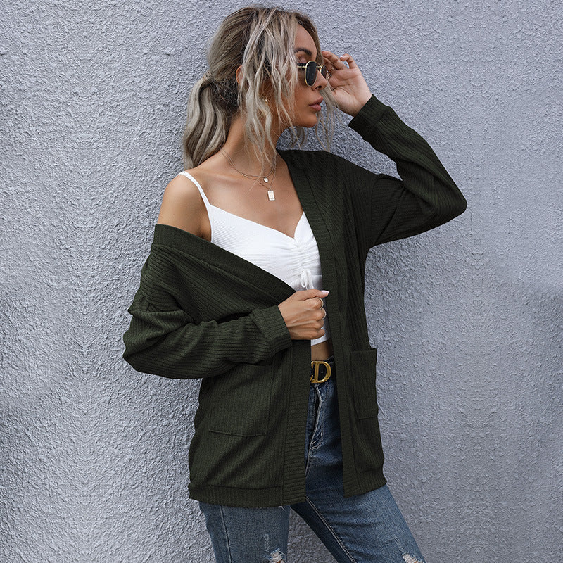 Women Loose Fine Knit Cardigan with Ribbed Textured Knit and Patch Pockets Mune Fashion