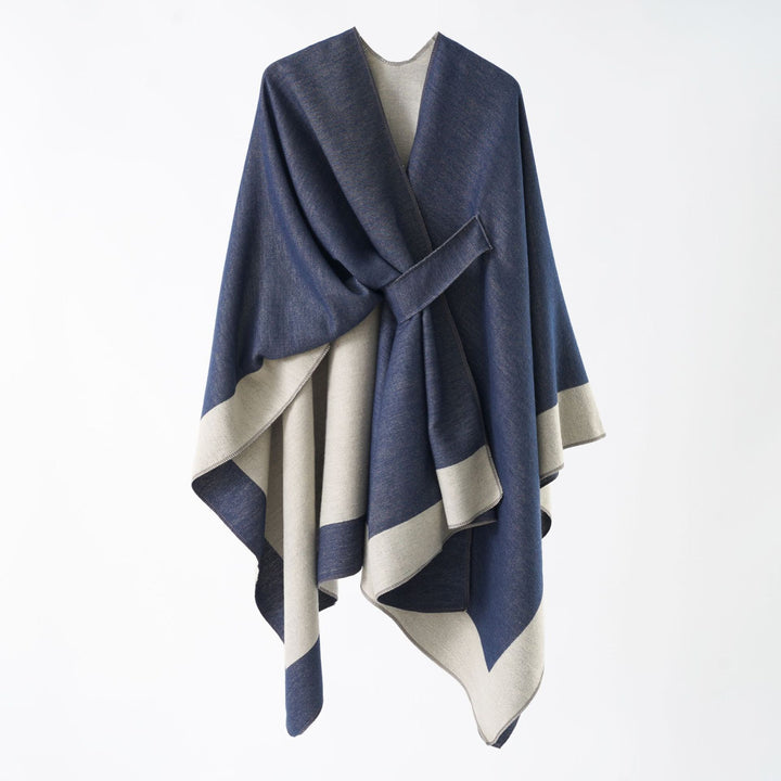 Women's loosely cut cape made of wool blend with tie belt and contrasting edges Mune Fashion