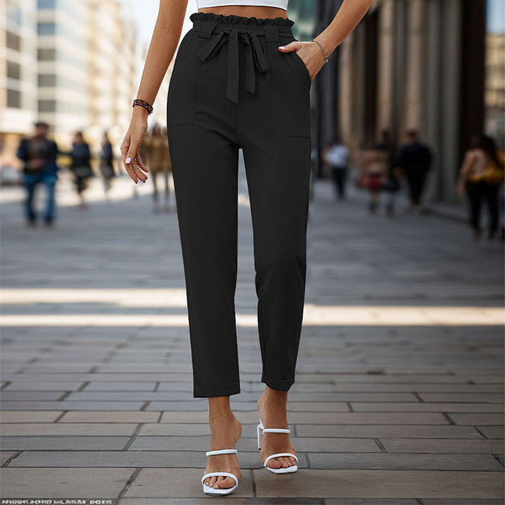 Women's Lightweight Paperbag Pants with Elastic Waistband, Tied Belt and Patch Pockets Mune Fashion