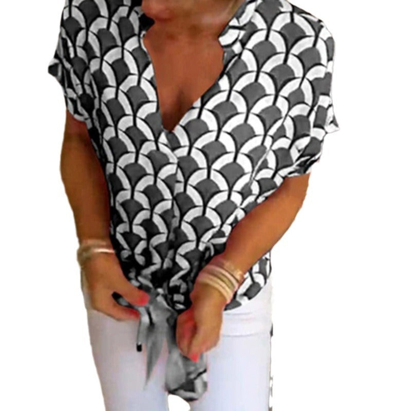 Women’s short-sleeved geometric blouse shirt with knot waistband and stand-up collar Mune Fashion