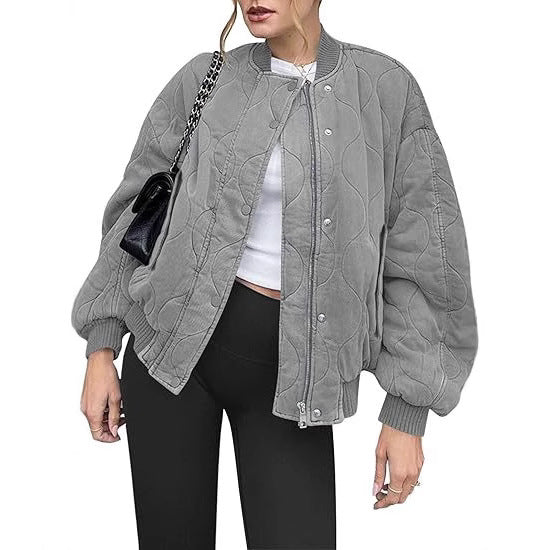 Women's Padded Oversized Quilted Bomber Jacket with Ribbed Cuffs and Decorative Stitching Mune Fashion