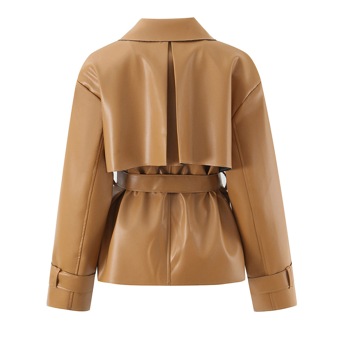 Women Short Tailored Faux Leather Trench Style Jacket with Belt and Cape Detail Mune Fashion