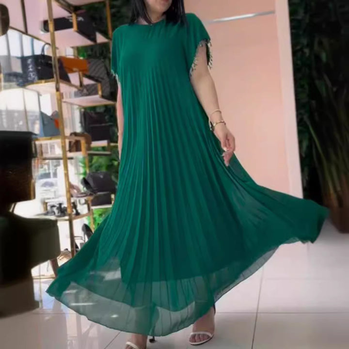 Women nan elegant chiffon pleated maxi dress with wide swing skirt and tassel sleeves Mune Fashion