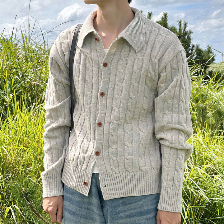 Men's cardigan with cable pattern, shirt collar and full button placket Mune Fashion