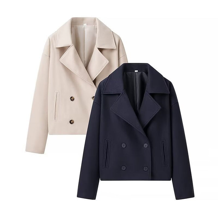 Women's Short Double-Breasted Boxy Peacoat made of Wool Blend with Wide Lapels Mune Fashion