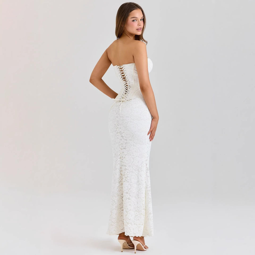 Women's two-piece lace corset set with reinforced bustier and figure-hugging mermaid skirt Mune Fashion