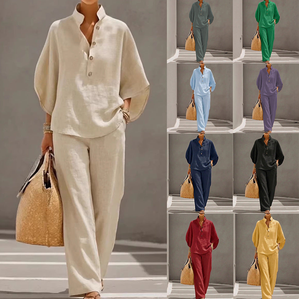 Women Lightweight Linen Loungewear Set with Stand-up Collar Button Placket and Wide Marlene Cut Mune Fashion