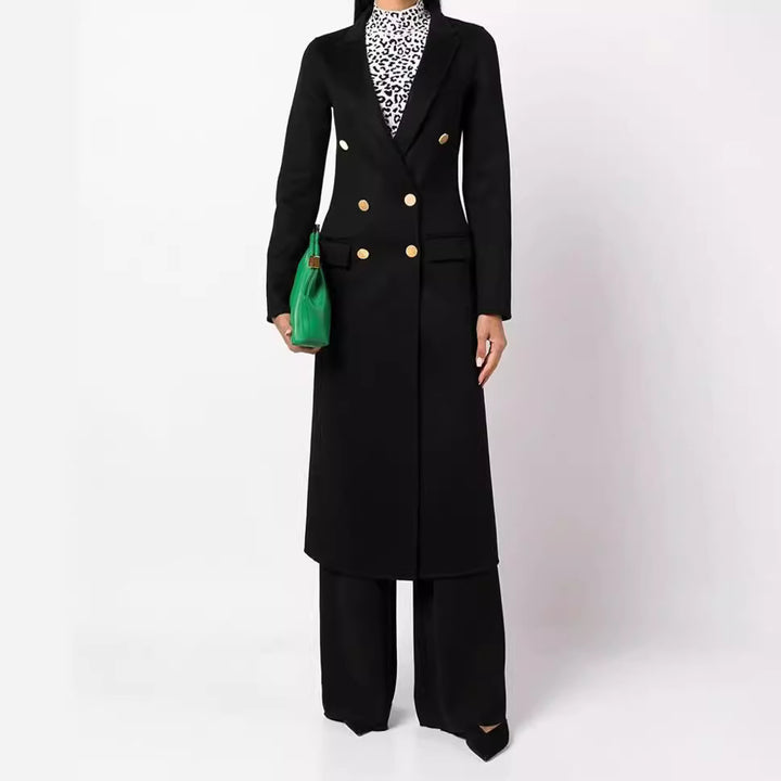 Women's Slim Maxi Length Coat in Clean-Cut with Double-Breasted Look and Decorative Metal Buttons Mune Fashion