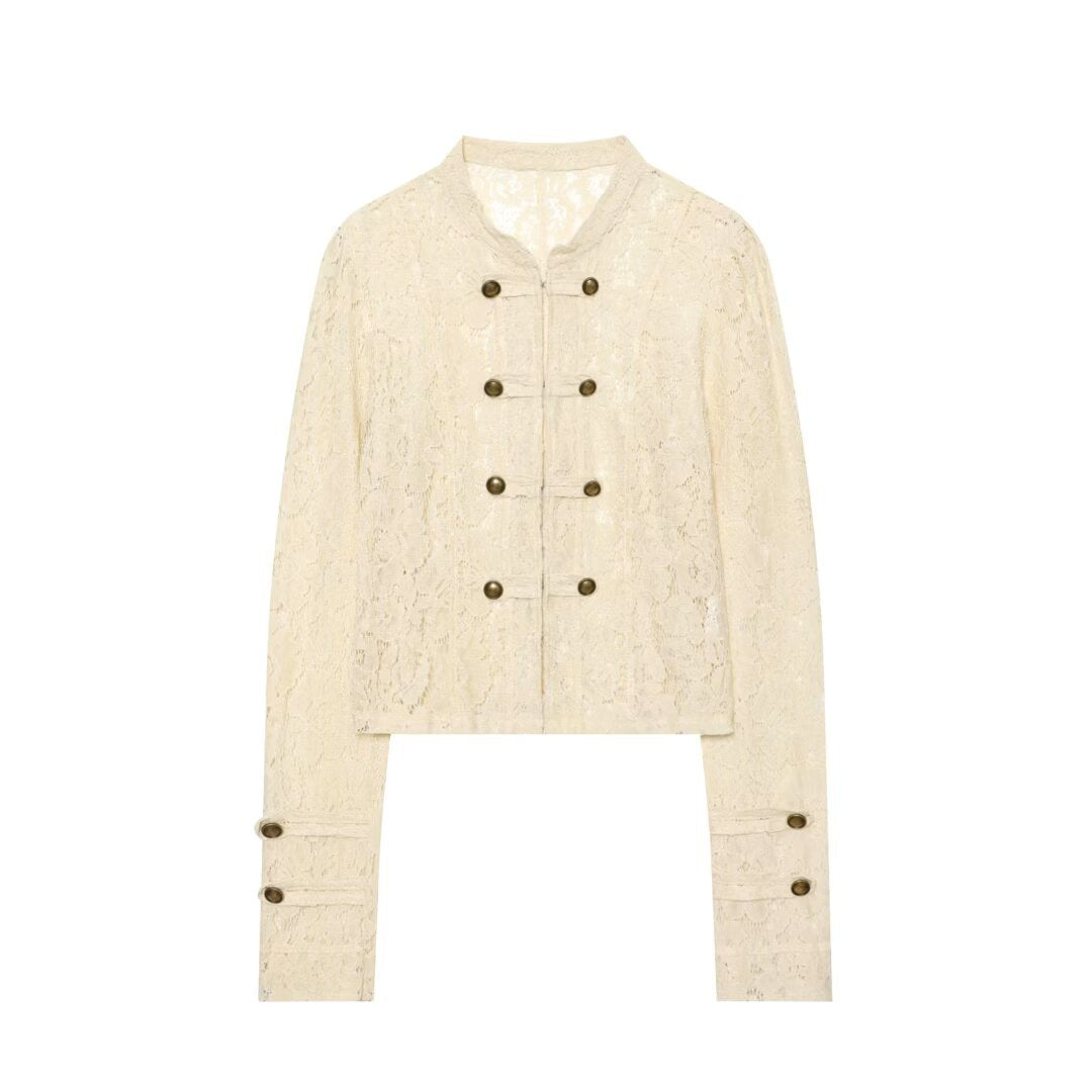 Women's lace jacket with Mandarin collar and decorative frog closures Mune Fashion