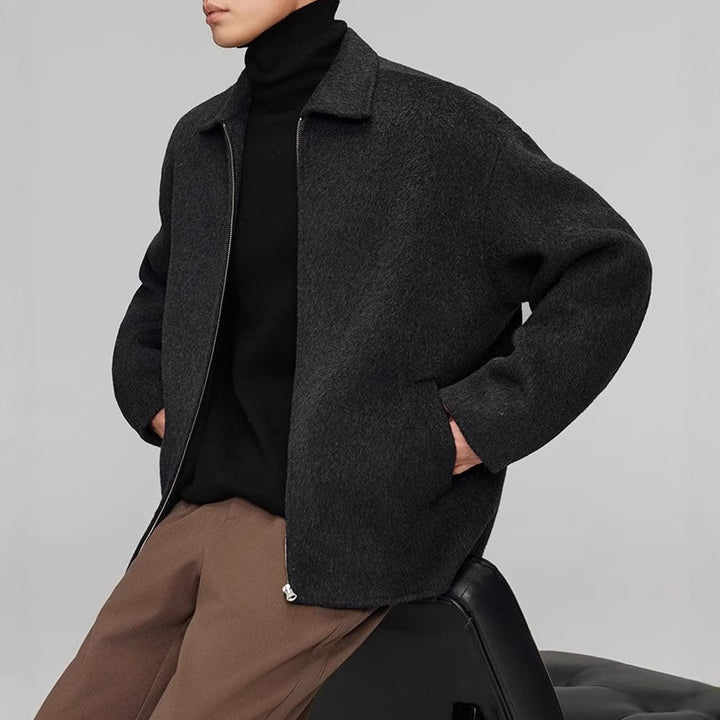 Men's Short Cut Wool Blend Transitional Jacket with Zipper and Shirt Collar Mune Fashion