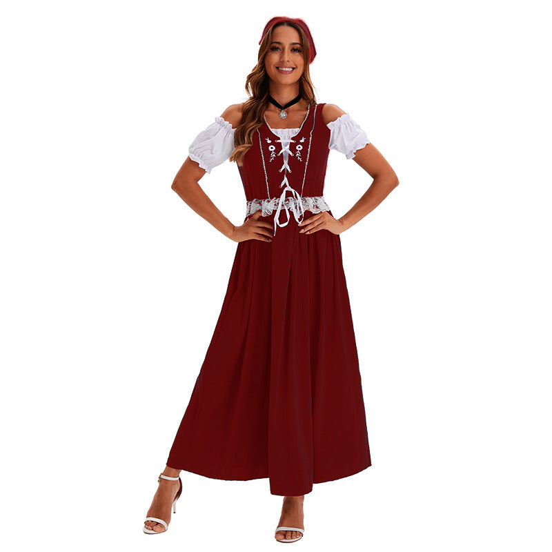 Women’s short traditional dress in Dirndl style with floral lace apron, laced bodice front and gathered Carmen blouse Mune Fashion
