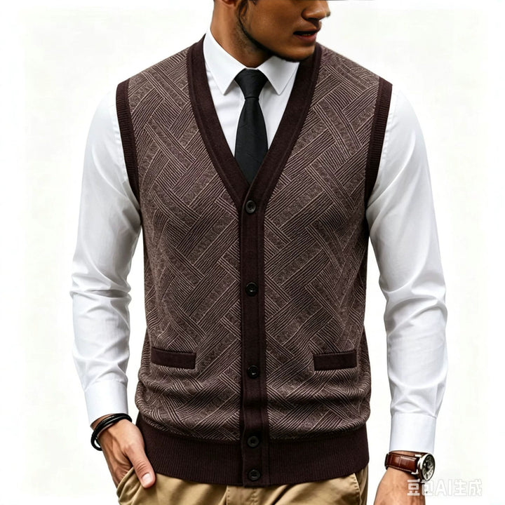Men's fine-knit vest with V-neck, button placket and diamond pattern Mune Fashion