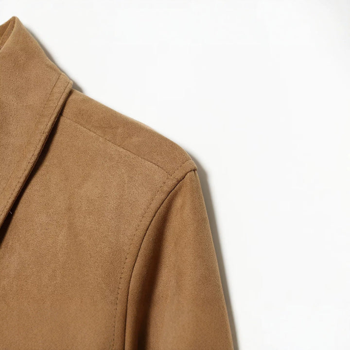 Women's Short Suede Leather Blouson in Boxy Cut with Shirt Collar, Flap Pockets and Wide Ribbed Cuff