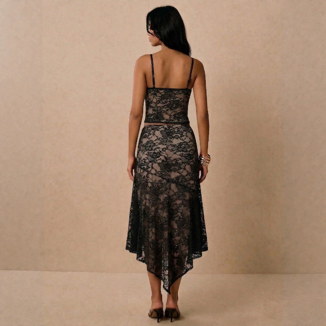 Women's lace two-piece set with bustier crop top and asymmetrical midi skirt Mune Fashion