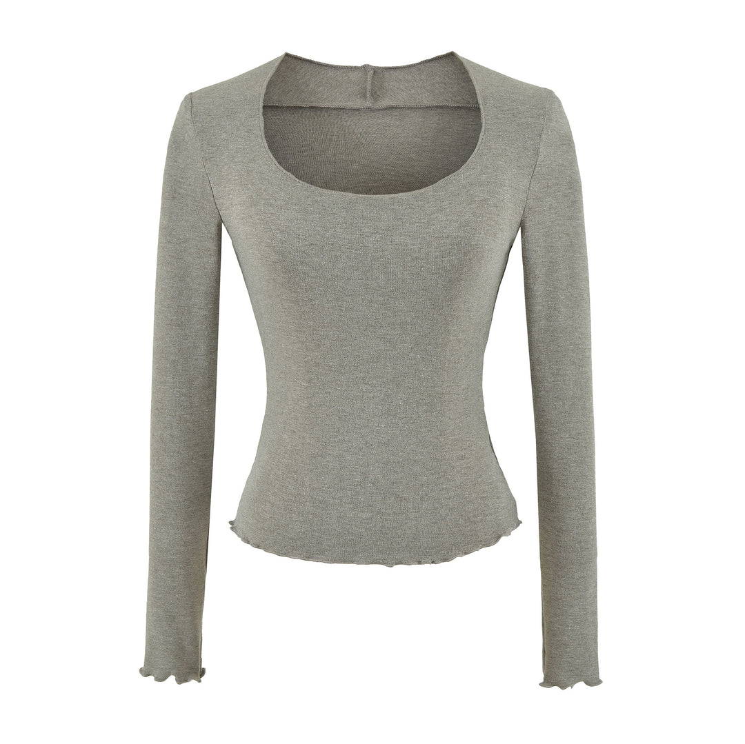 Women Fitted Long Sleeve Fine Knit Top with Square Neckline and Wave Hem Mune Fashion