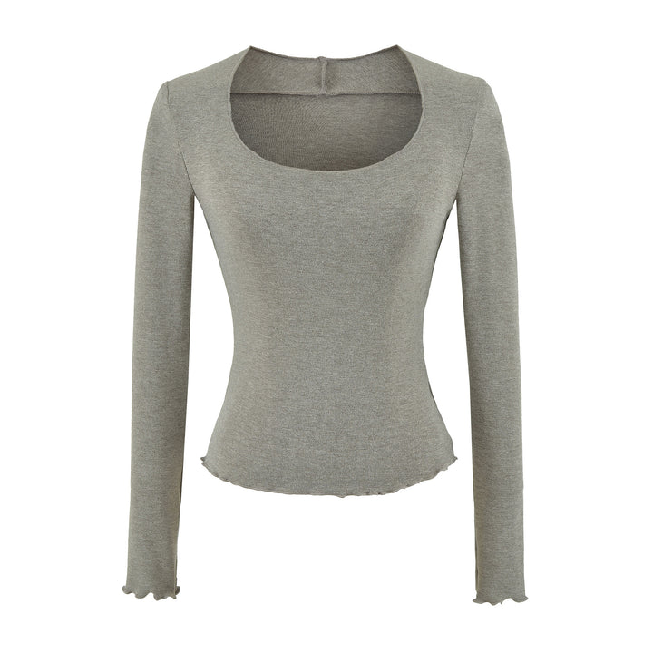 Women Fitted Long Sleeve Fine Knit Top with Square Neckline and Wave Hem Mune Fashion