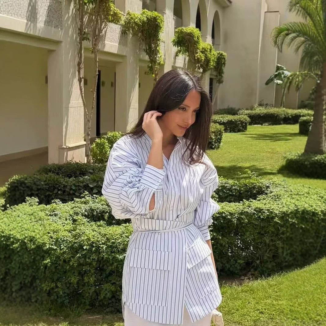 Women's shirt dress with belted waist, mandarin collar, and patch pockets Mune Fashion