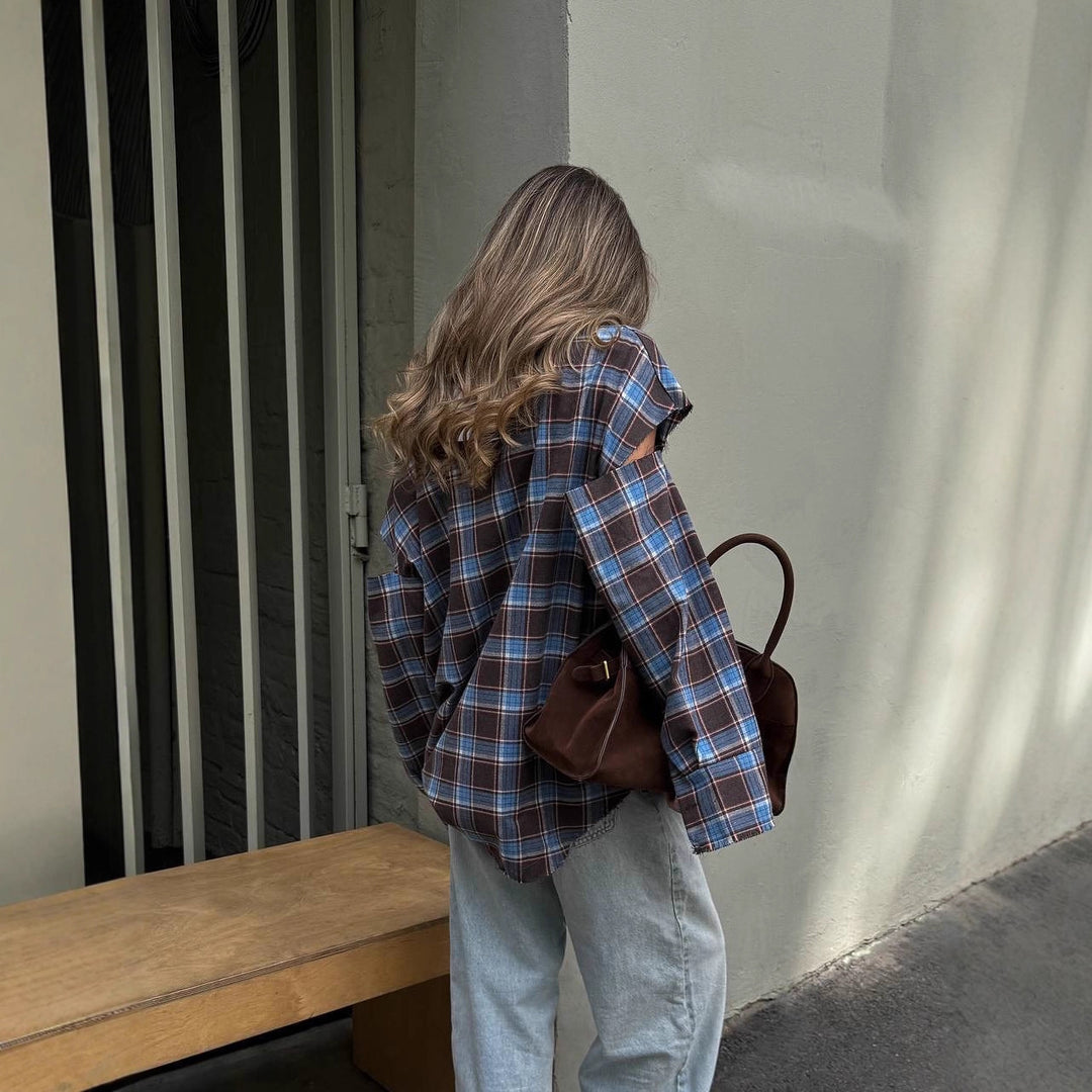 Women checked oversized shirt jacket with cut-out sleeves and raw hem Mune Fashion