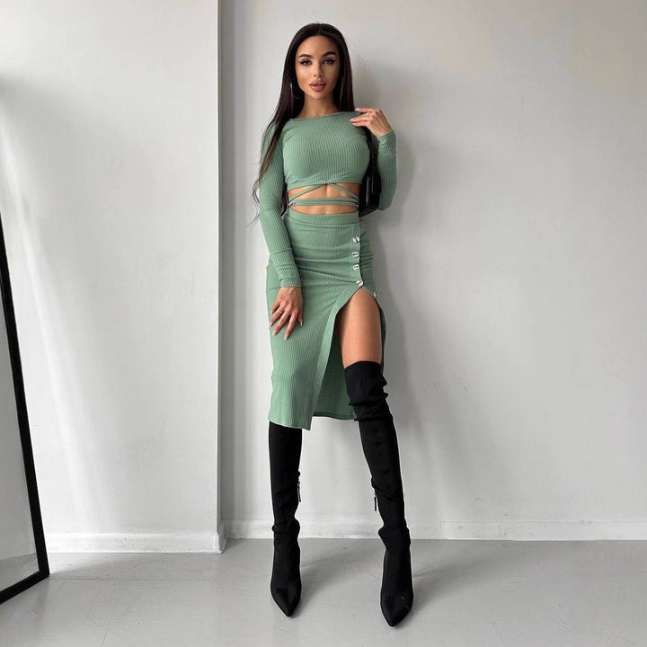 Women Ribbed Two-Piece Set with Cropped Long Sleeve Top, Wrap Band and Waist Highlighting Button Midi Skirt Mune Fashion