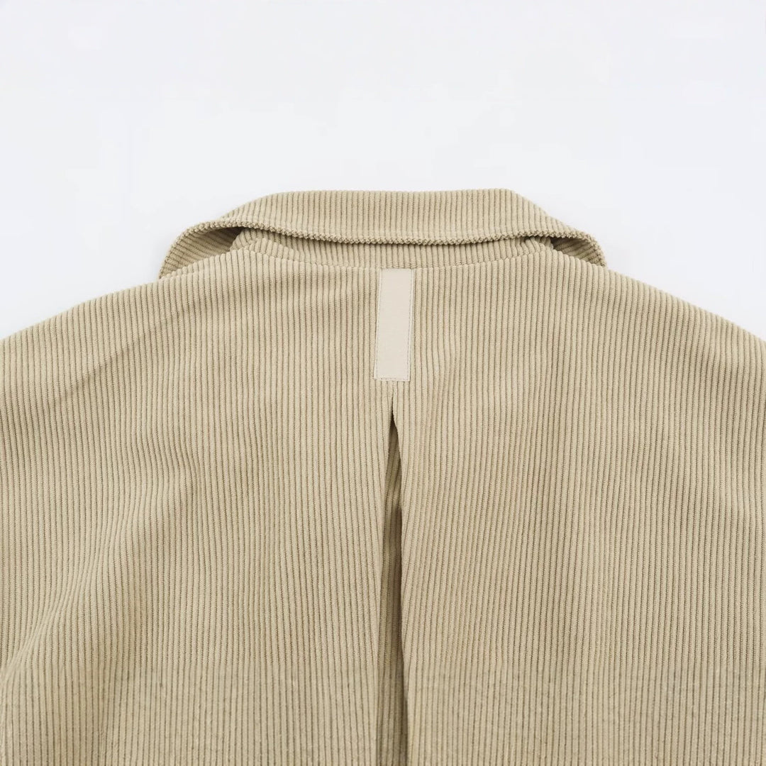 Women's fine cord jacket with waist belt and asymmetrical snap button placket Mune Fashion