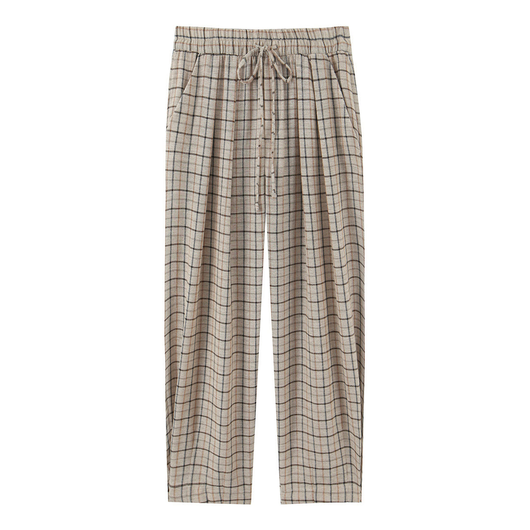 Women's Wide Checked Fabric Trousers with Drawstring Waist and Ironed Fold Mune Fashion