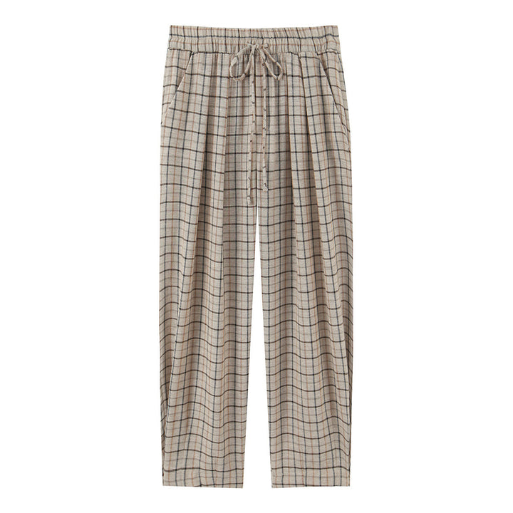 Women's Wide Checked Fabric Trousers with Drawstring Waist and Ironed Fold Mune Fashion