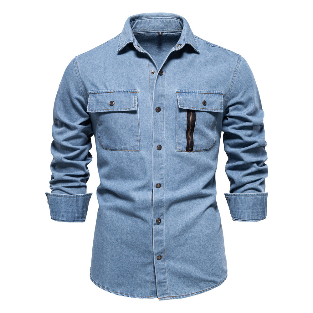 Men's tailored denim shirt with Kent collar, patch chest pockets and contrast stitching Mune Fashion