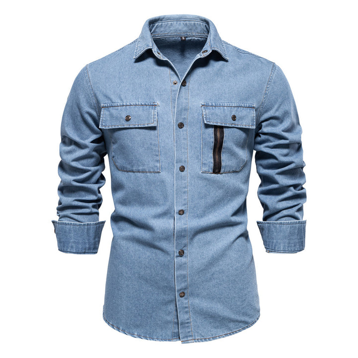 Men's tailored denim shirt with Kent collar, patch chest pockets and contrast stitching Mune Fashion
