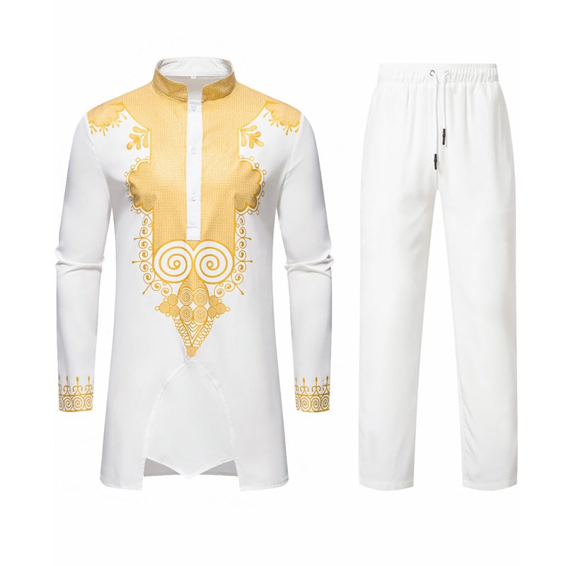 Men's Traditional Tunic Set with Mandarin Collar and Gold-Embellished Ornaments Mune Fashion