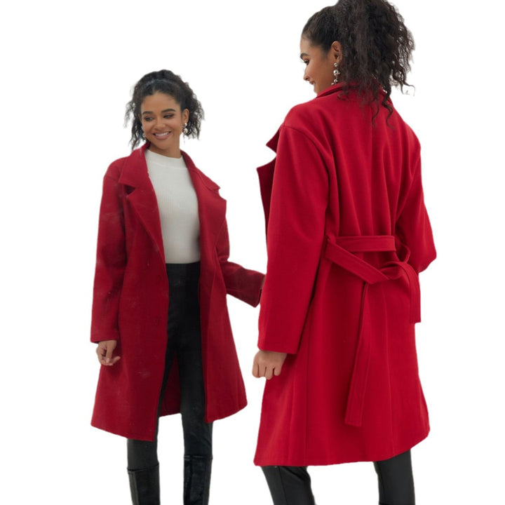 Ladies Elegant Knee-Length Double-Breasted Wool Blend Coat with Notched Lapel Mune Fashion