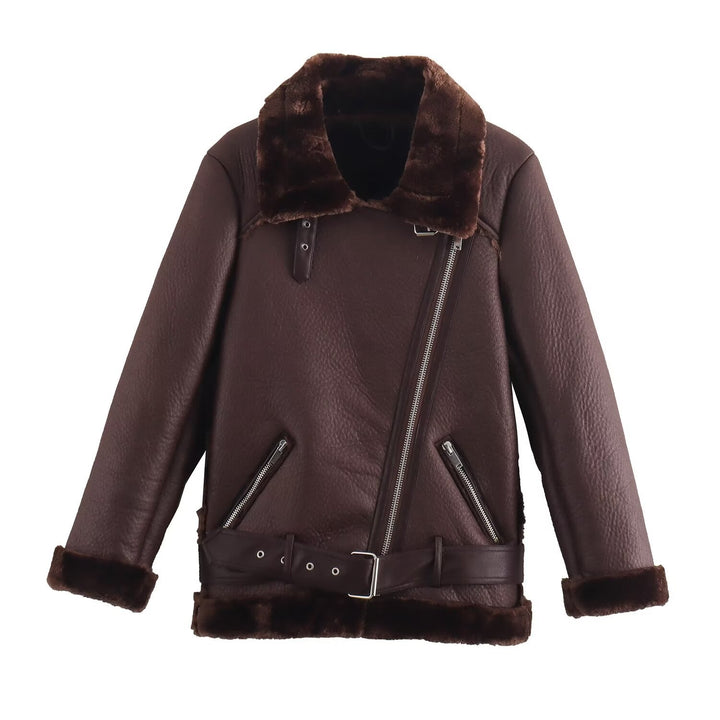 Women's tailored biker jacket in aviator look with faux fur lining, asymmetric zipper and waist belt Mune Fashion