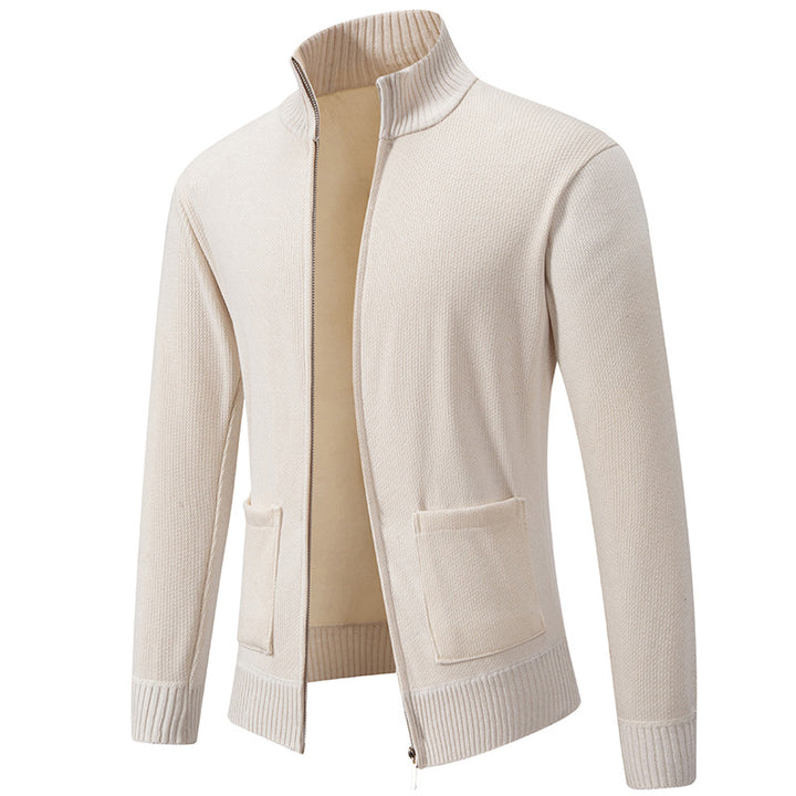 Men's finely structured zip-up knitted cardigan with stand-up collar and patch pockets Mune Fashion