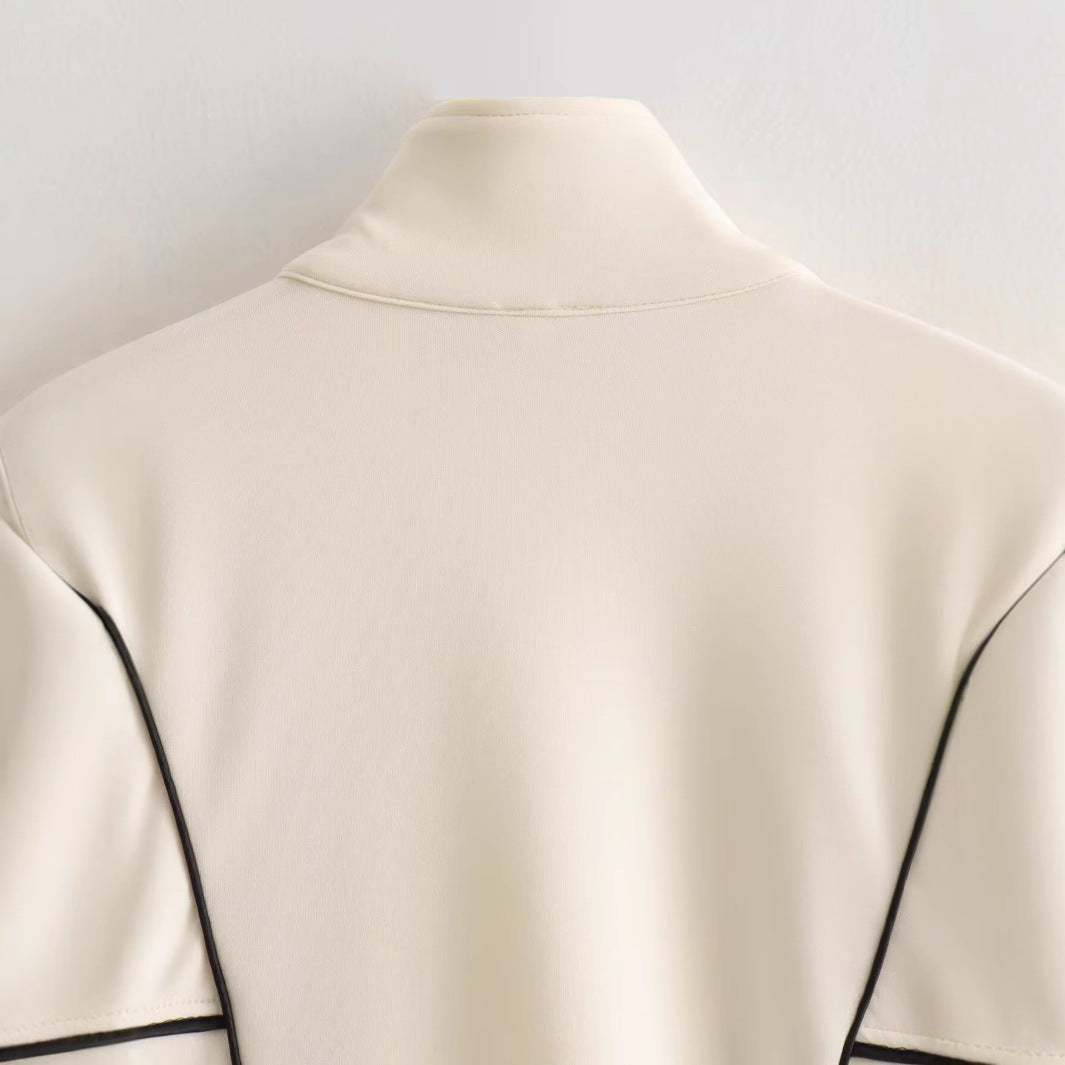 Women's Boxy Oversize Bomber Jacket with Contrast Piping and Stand-Up Collar Mune Fashion
